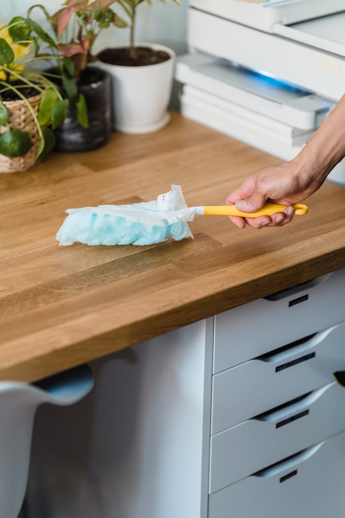 A hand using a feather duster to clean a wooden desk, surrounded by plants and office items.